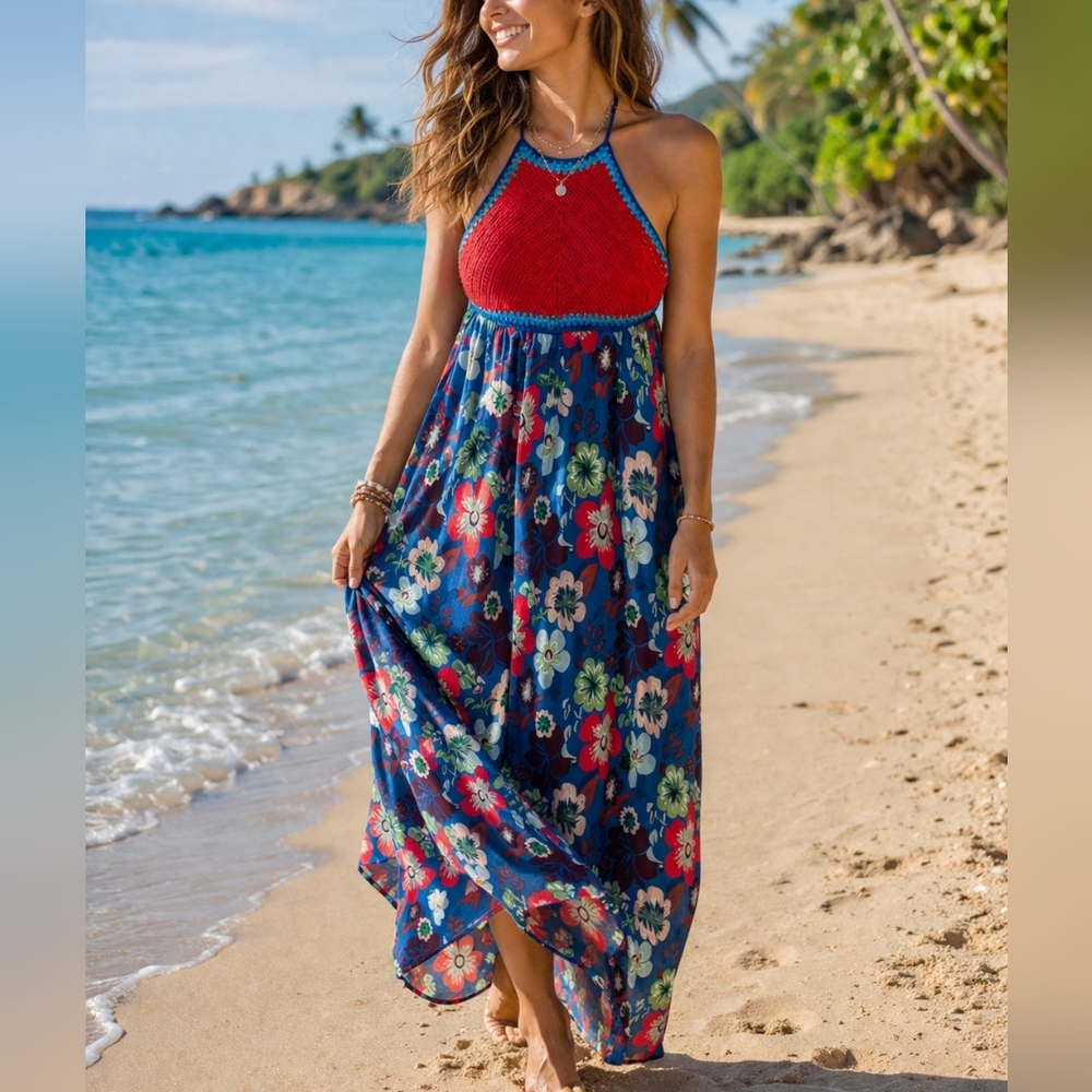 Studio F Red Crochet Halter Maxi Dress Blue Floral Print Size 6 Summer Dress